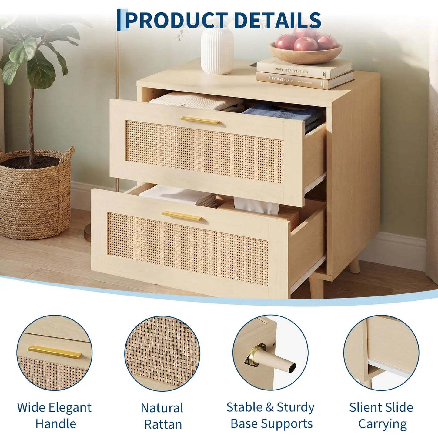 Boho Rattan Nightstand with Charging Station