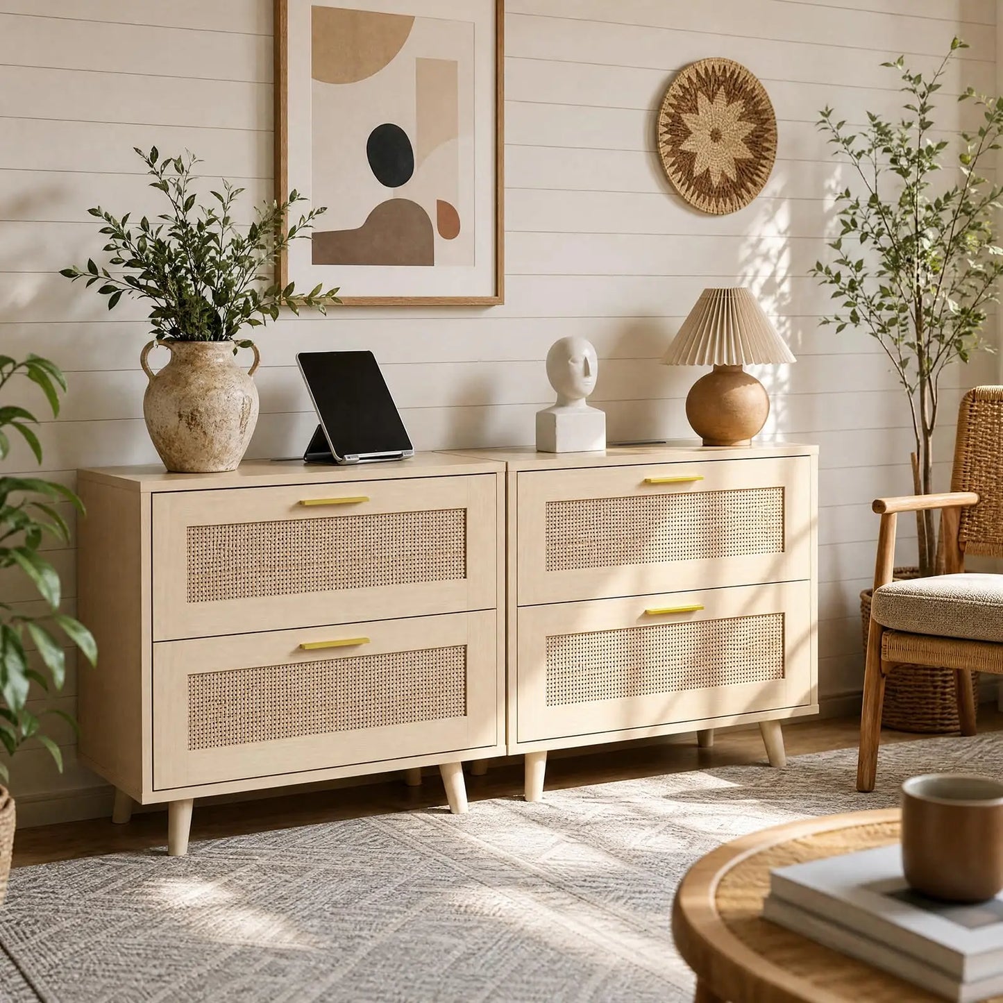 Boho Rattan Nightstand with Charging Station
