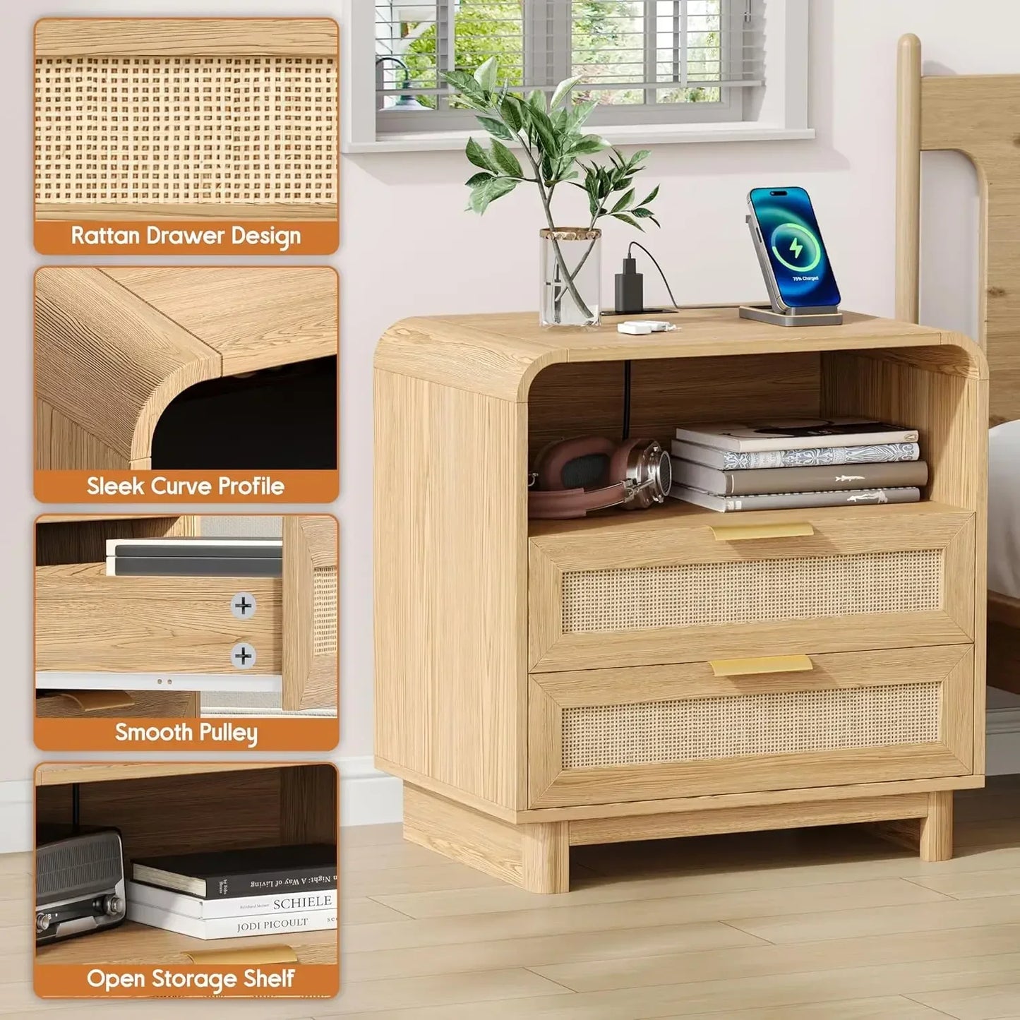 Curved Rattan Nightstand with USB Charging