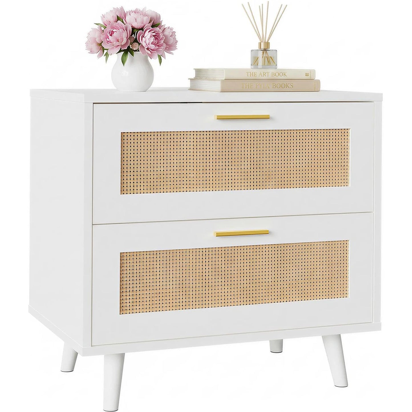 Boho Rattan Nightstand with Charging Station
