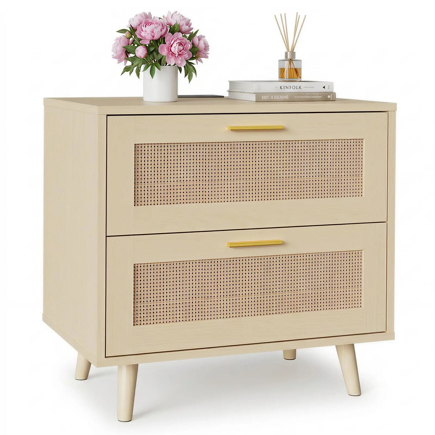Boho Rattan Nightstand with Charging Station