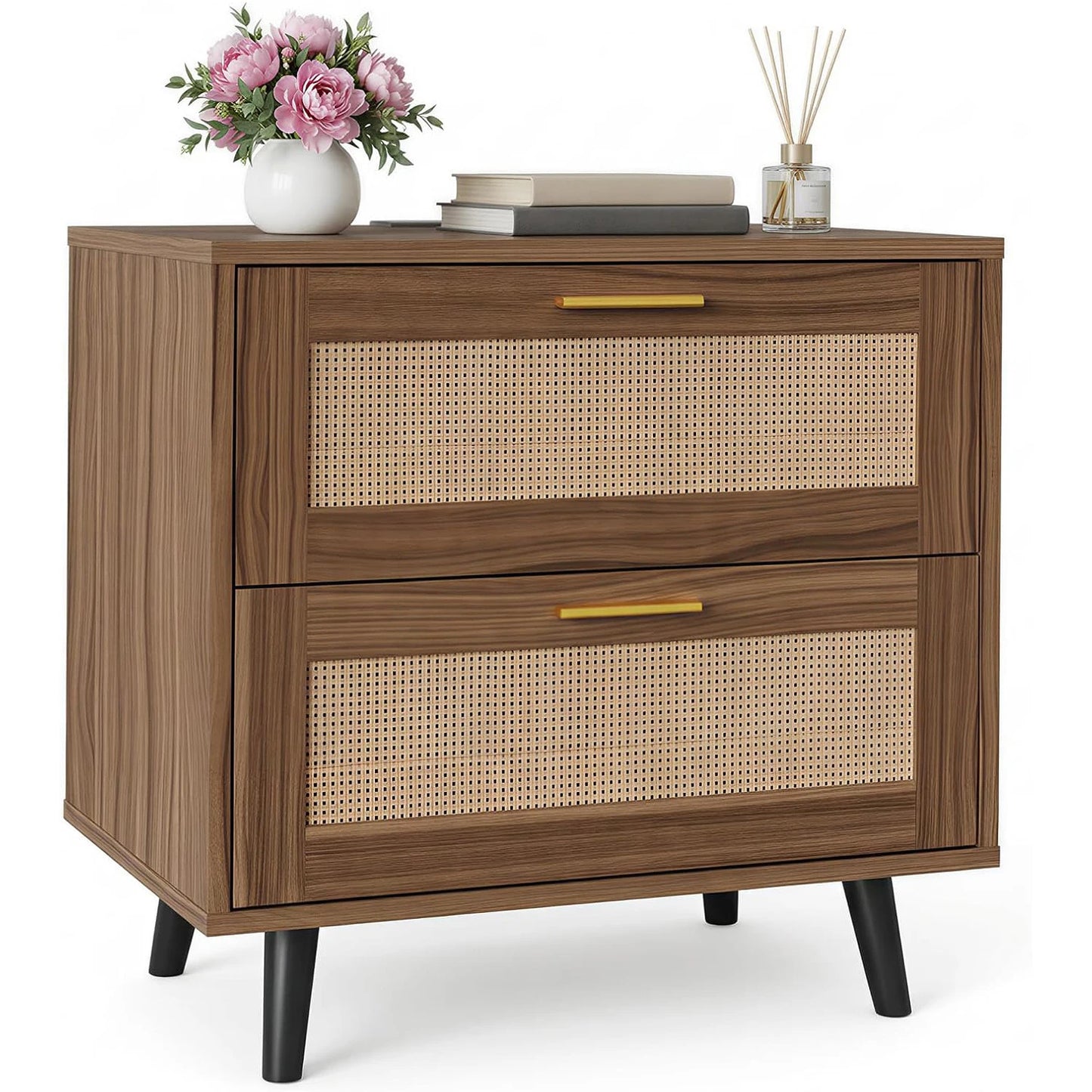 Boho Rattan Nightstand with Charging Station