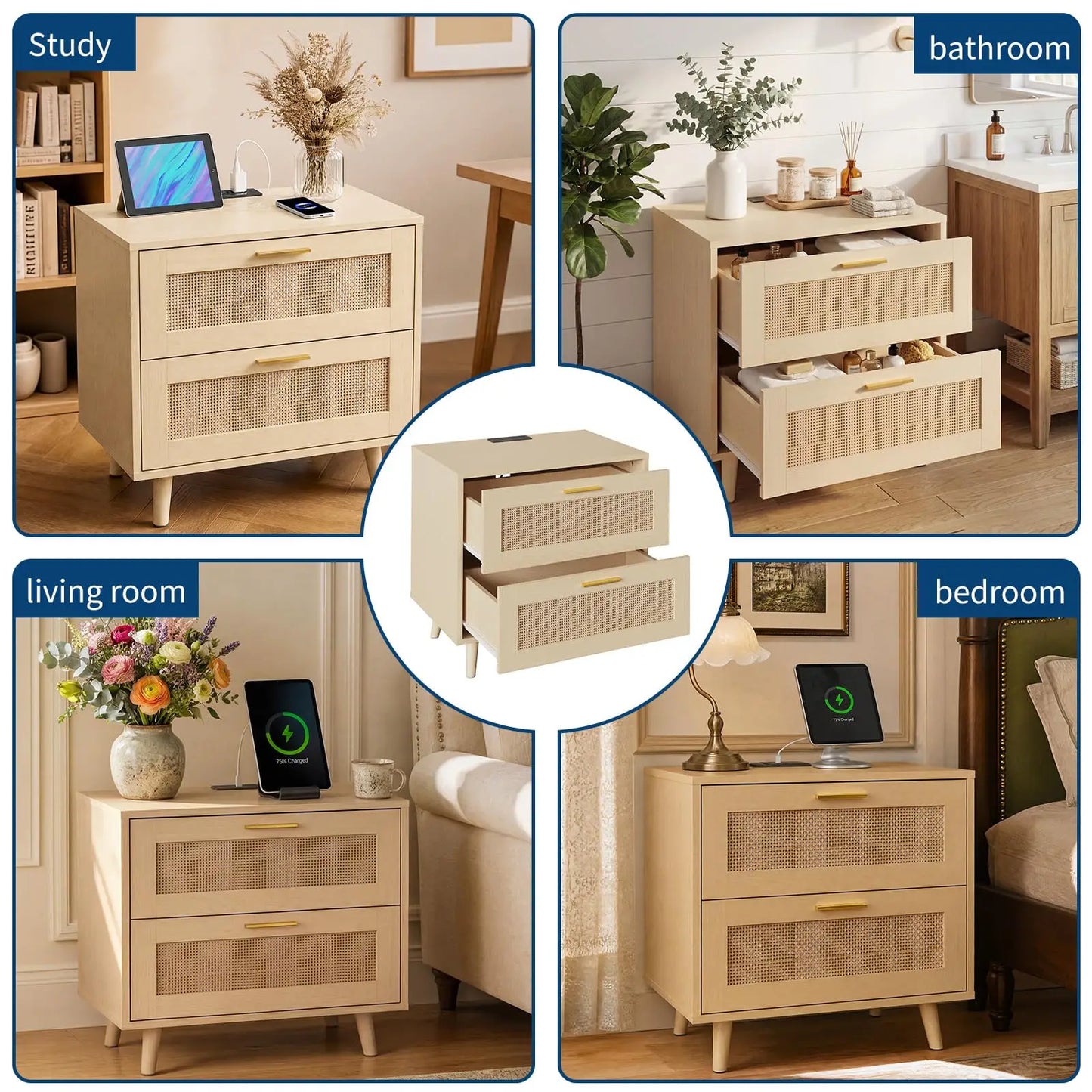 Boho Rattan Nightstand with Charging Station