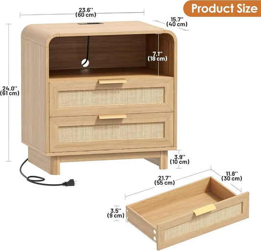 Curved Rattan Nightstand with USB Charging
