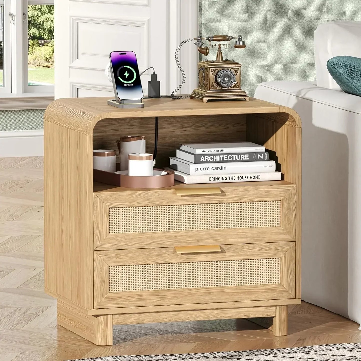 Curved Rattan Nightstand with USB Charging