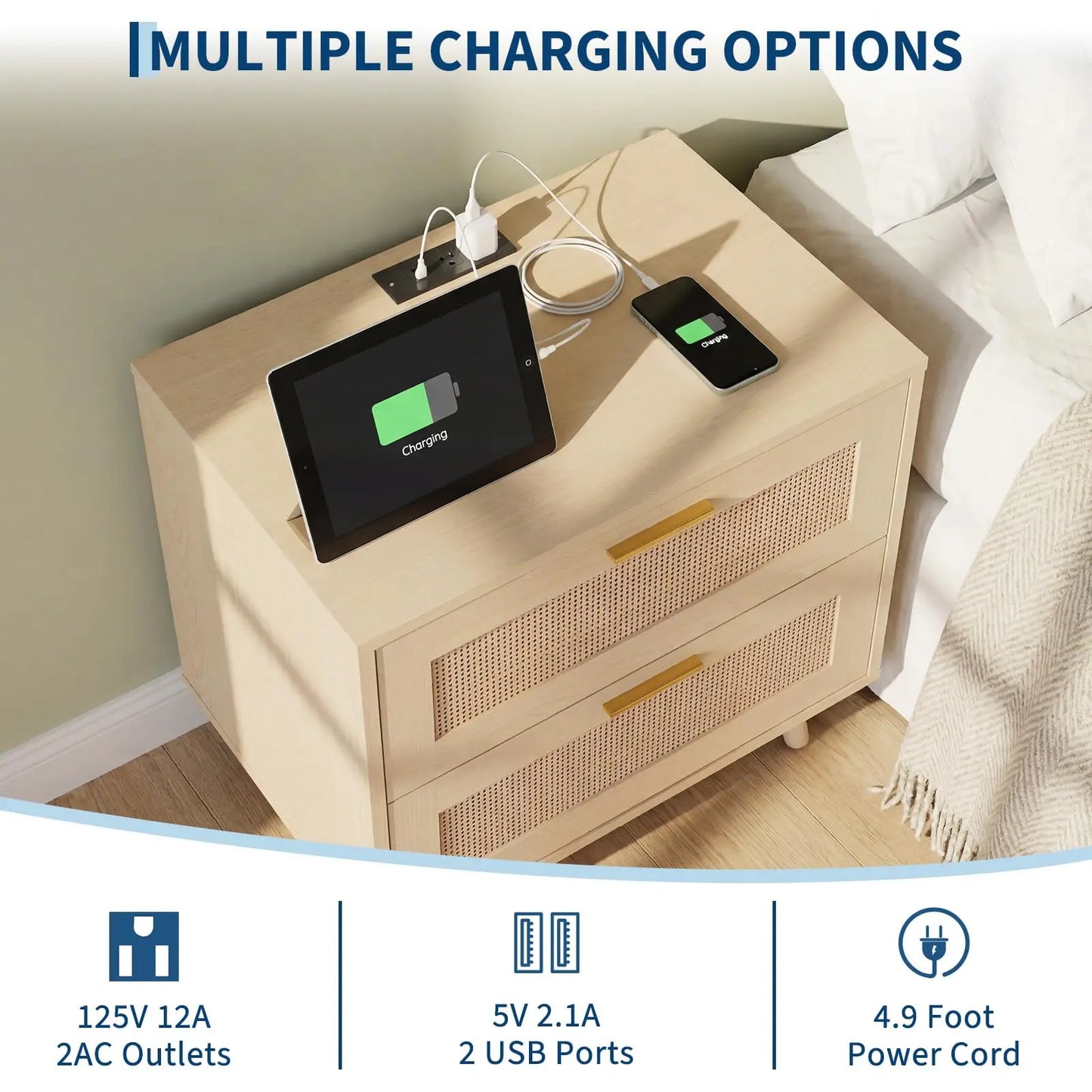 Boho Rattan Nightstand with Charging Station