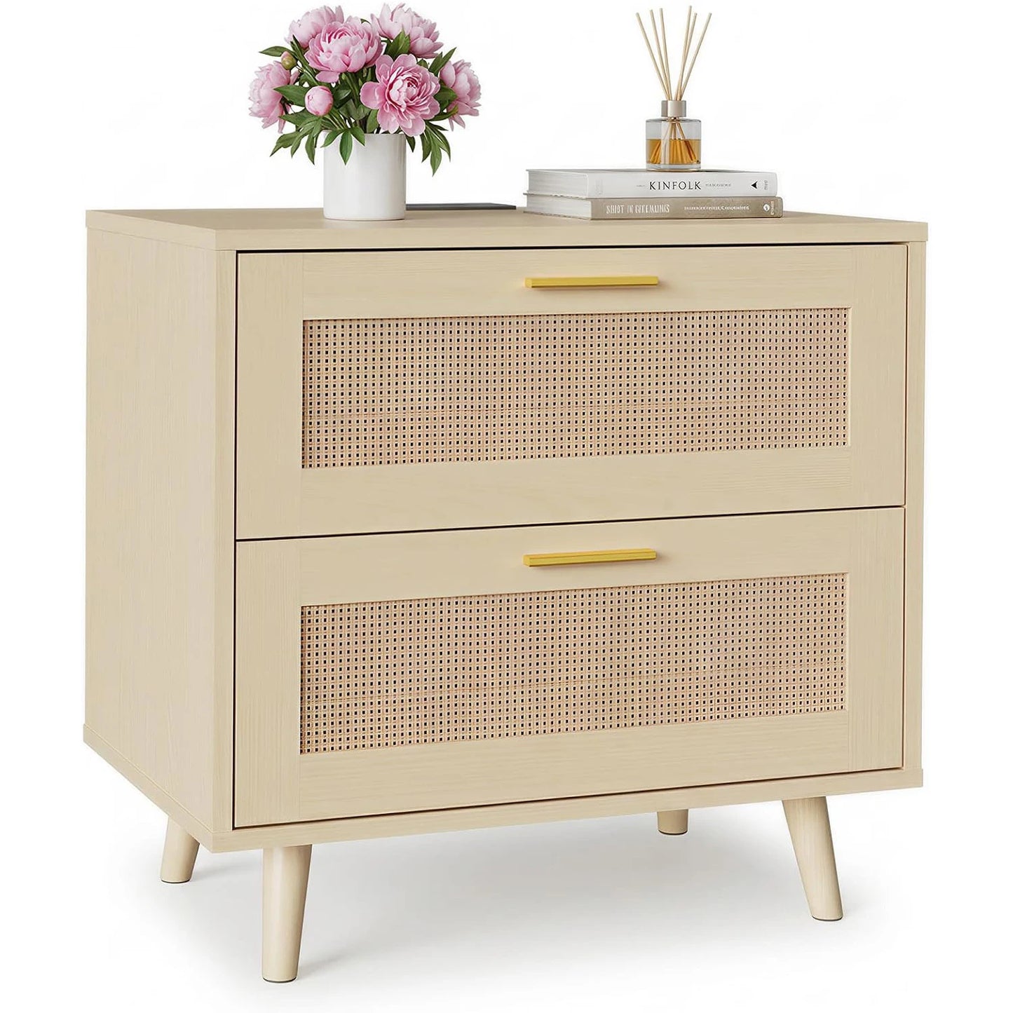 Boho Rattan Nightstand with Charging Station