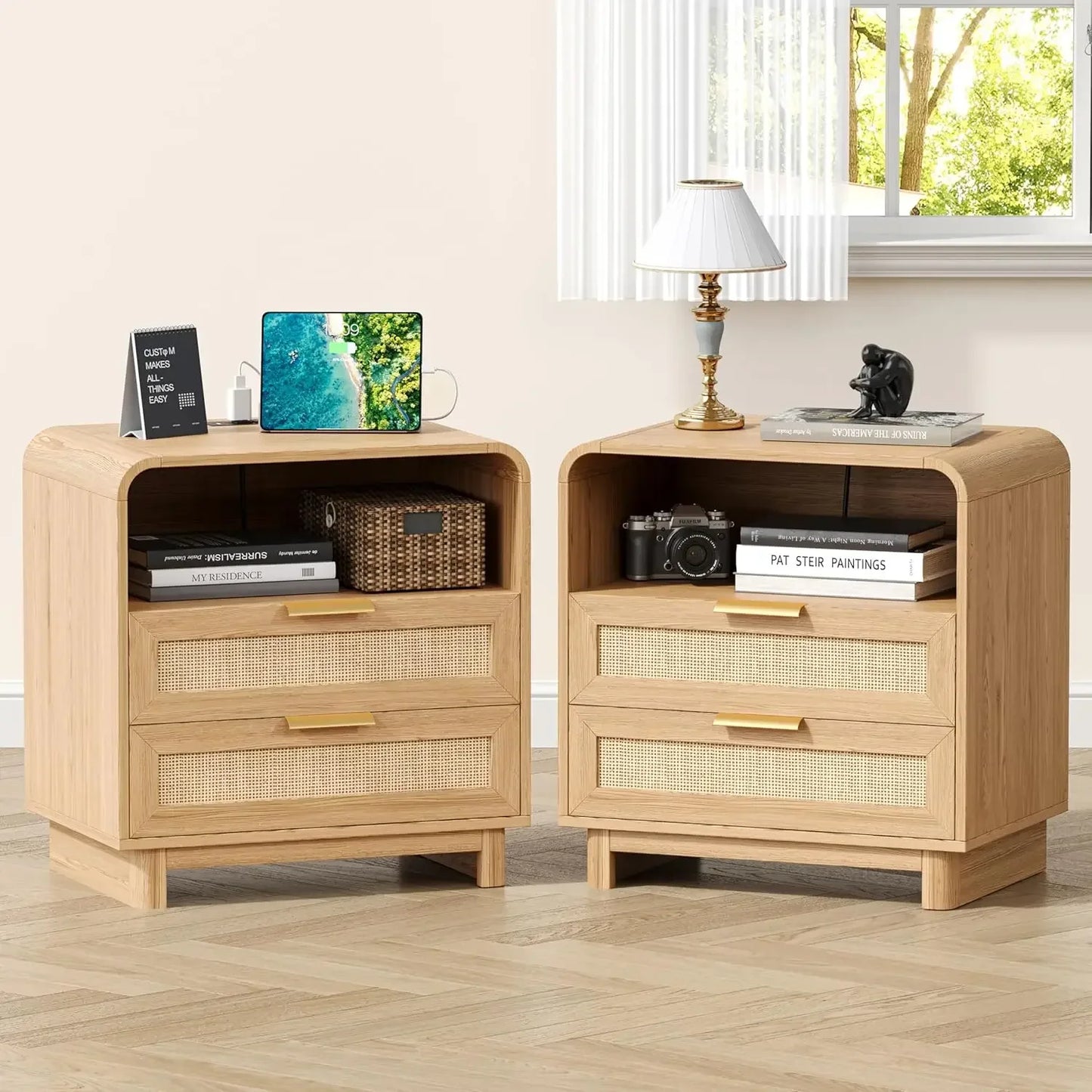 Curved Rattan Nightstand with USB Charging