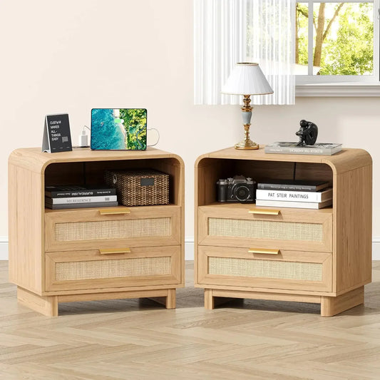 Curved Rattan Nightstand with USB Charging